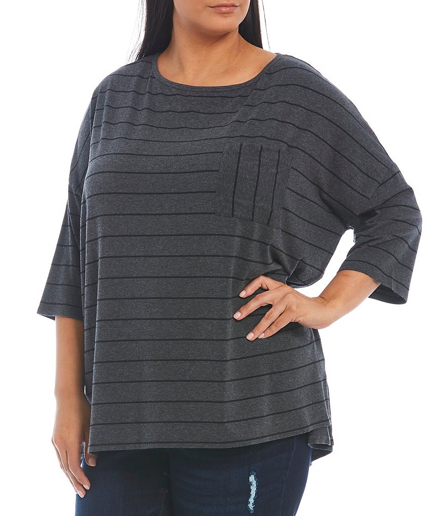Westbound Plus Size Striped Round Neck 3/4 Sleeve 1 Pocket Tee