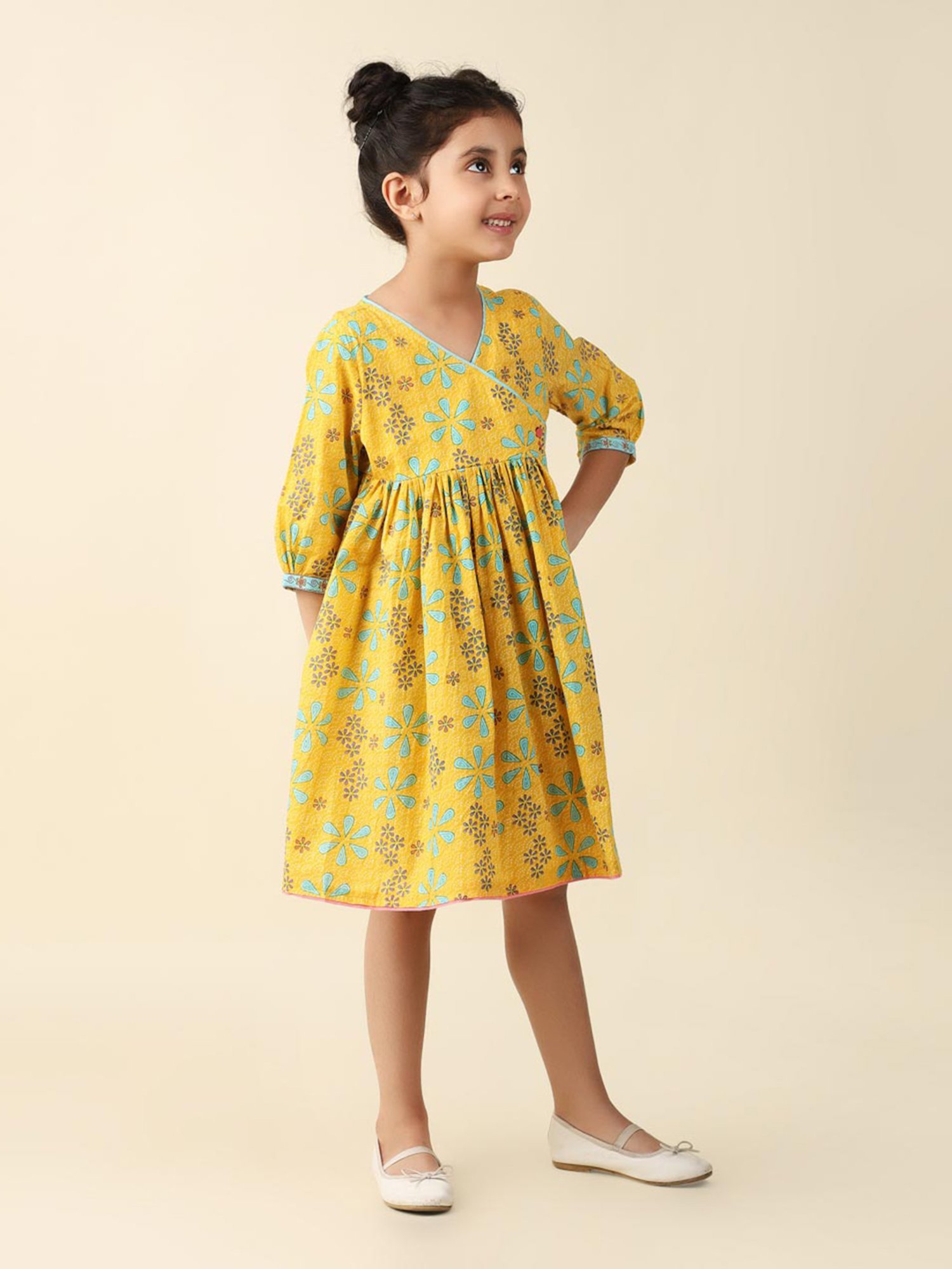 Fabindia Kids Yellow Floral Print Dress