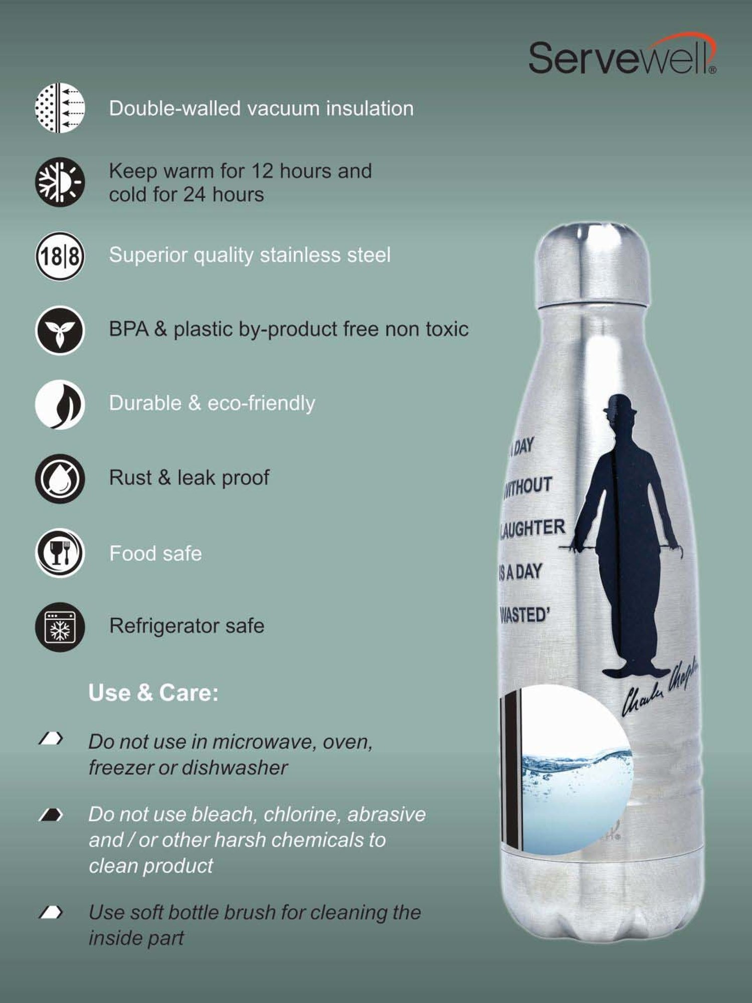 Servewell Indus Silver & Black Stainless Steel Charlie Chaplin Printed Vacuum Bottle (0.5 L)