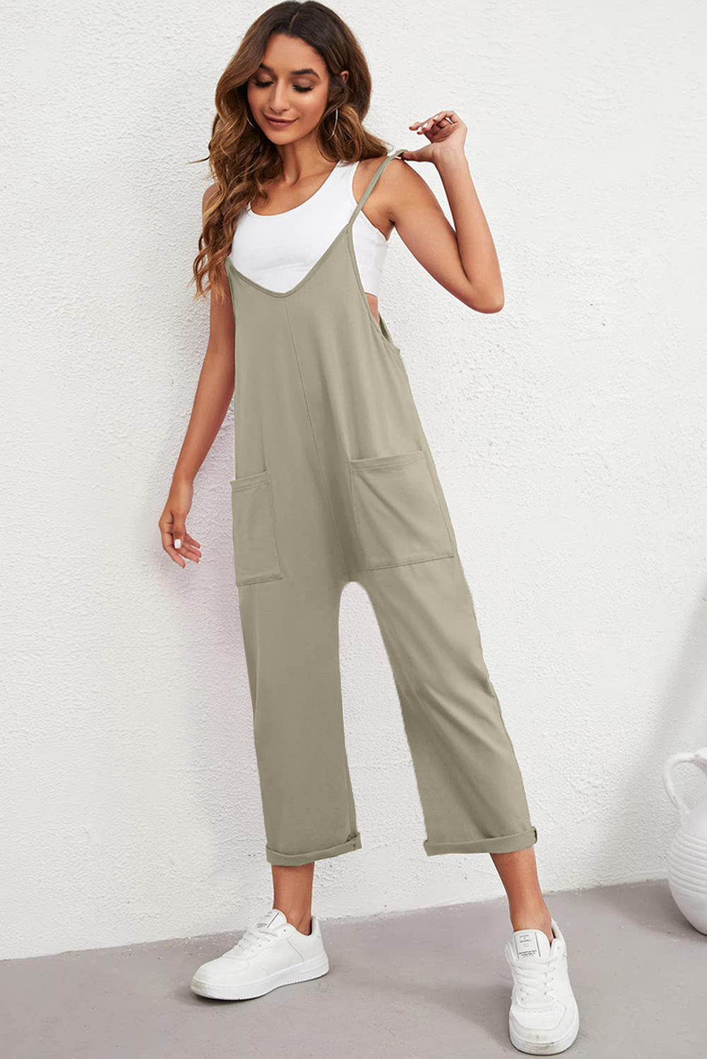 Rose Tan Solid Self Tied Straps Pleated Wide Leg Jumpsuit