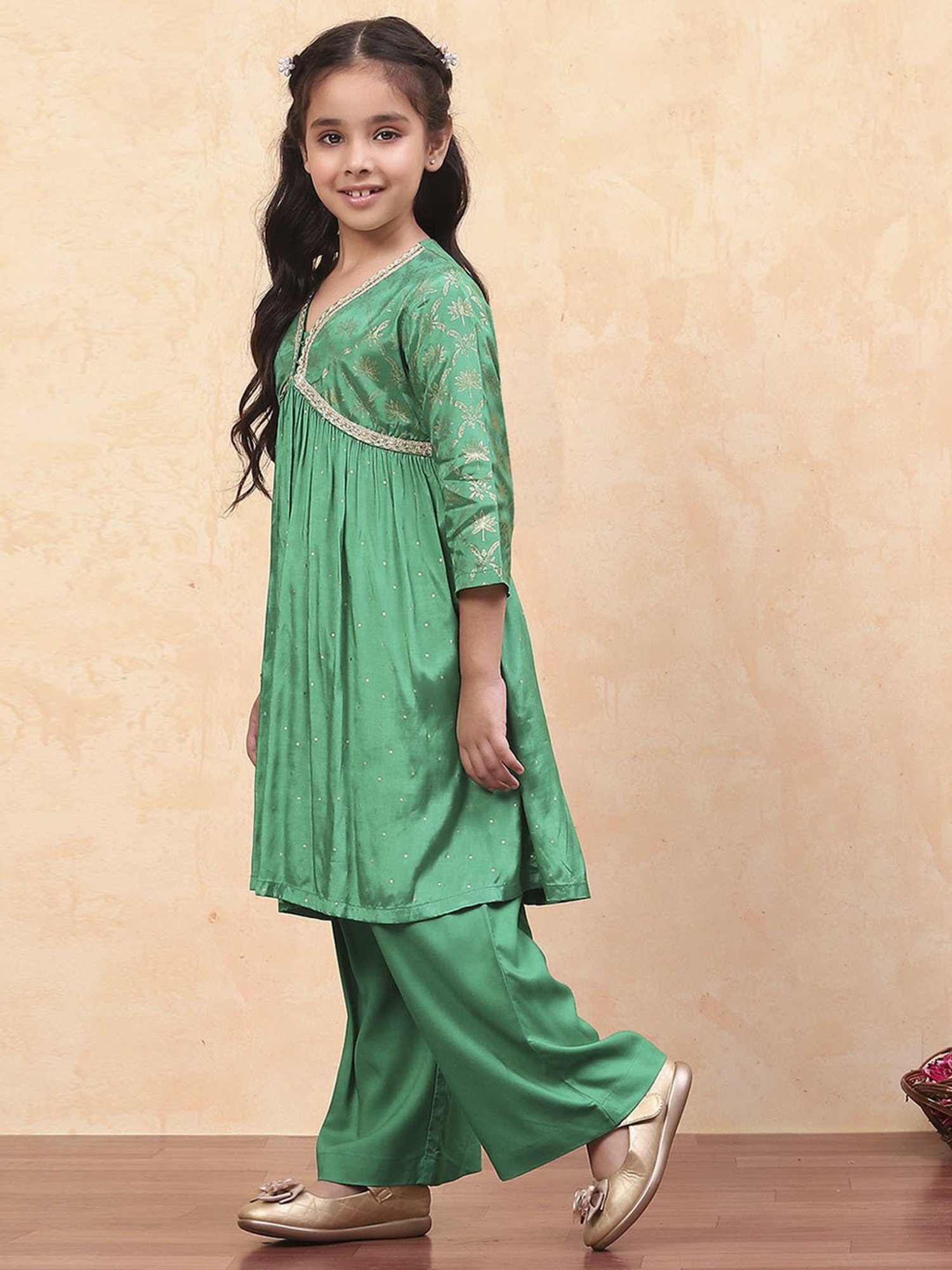 Biba Girls Green Floral Print Suit Sets