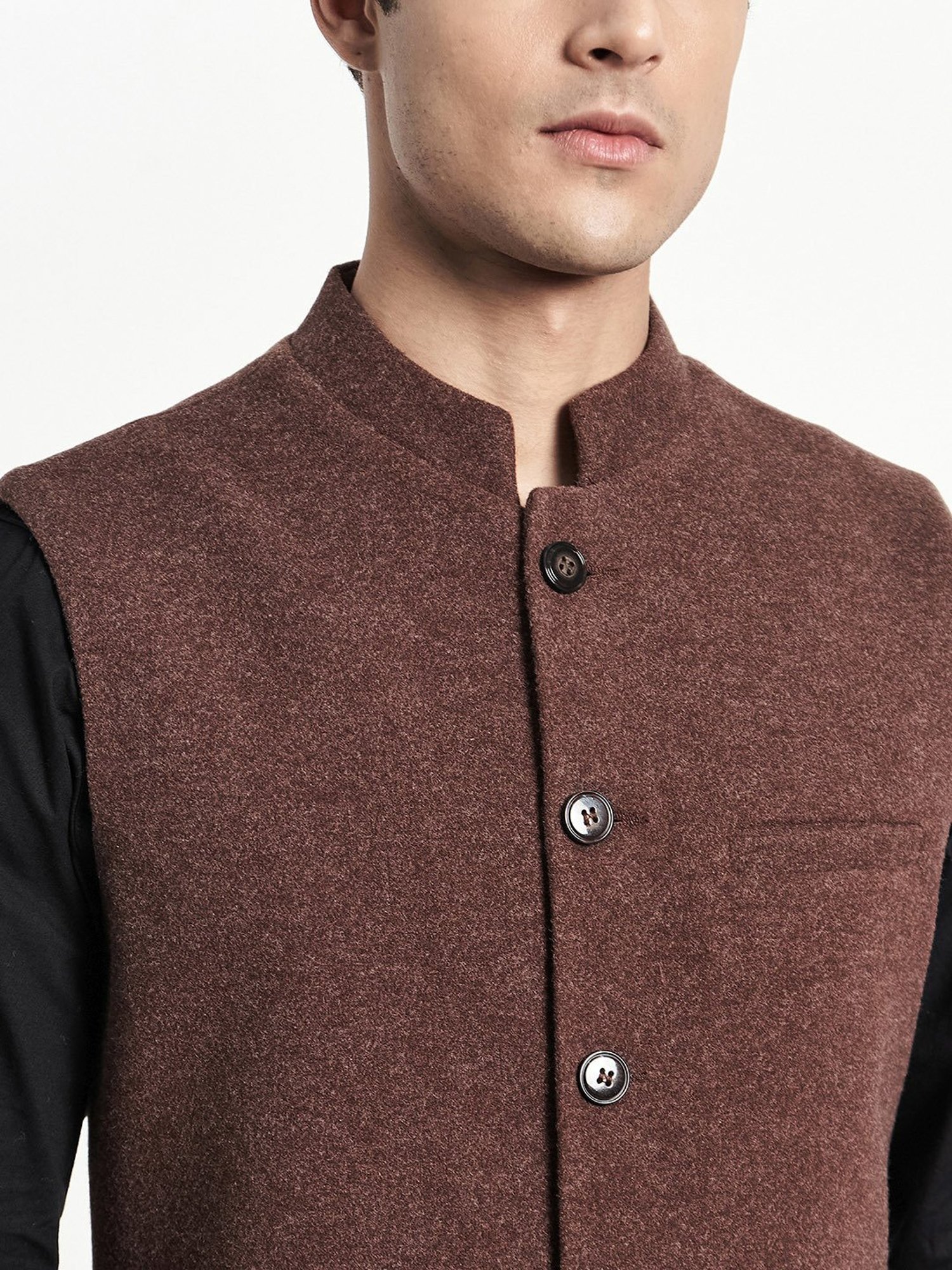 METTLE Dark Brown Mandarin Collar Nehru Jacket