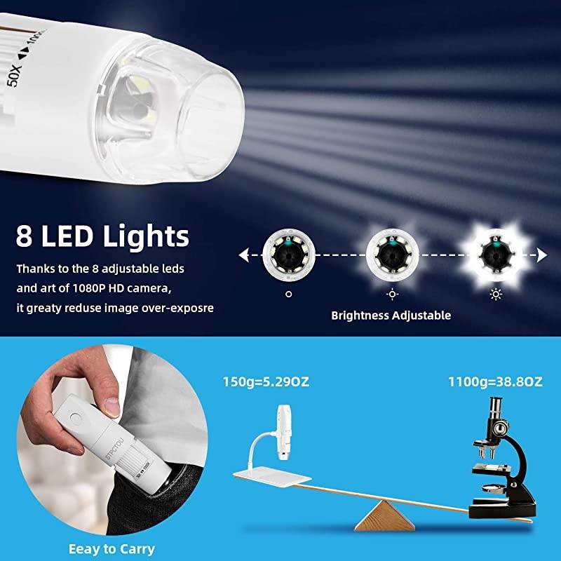 Wireless Digital Microscope USB 50X-1000X 1080P Handheld Portable Mini WiFi Microscope Camera with 8 LED Lights for iPhone/iPad/Mac/Android Phone/Tablet/PC-White