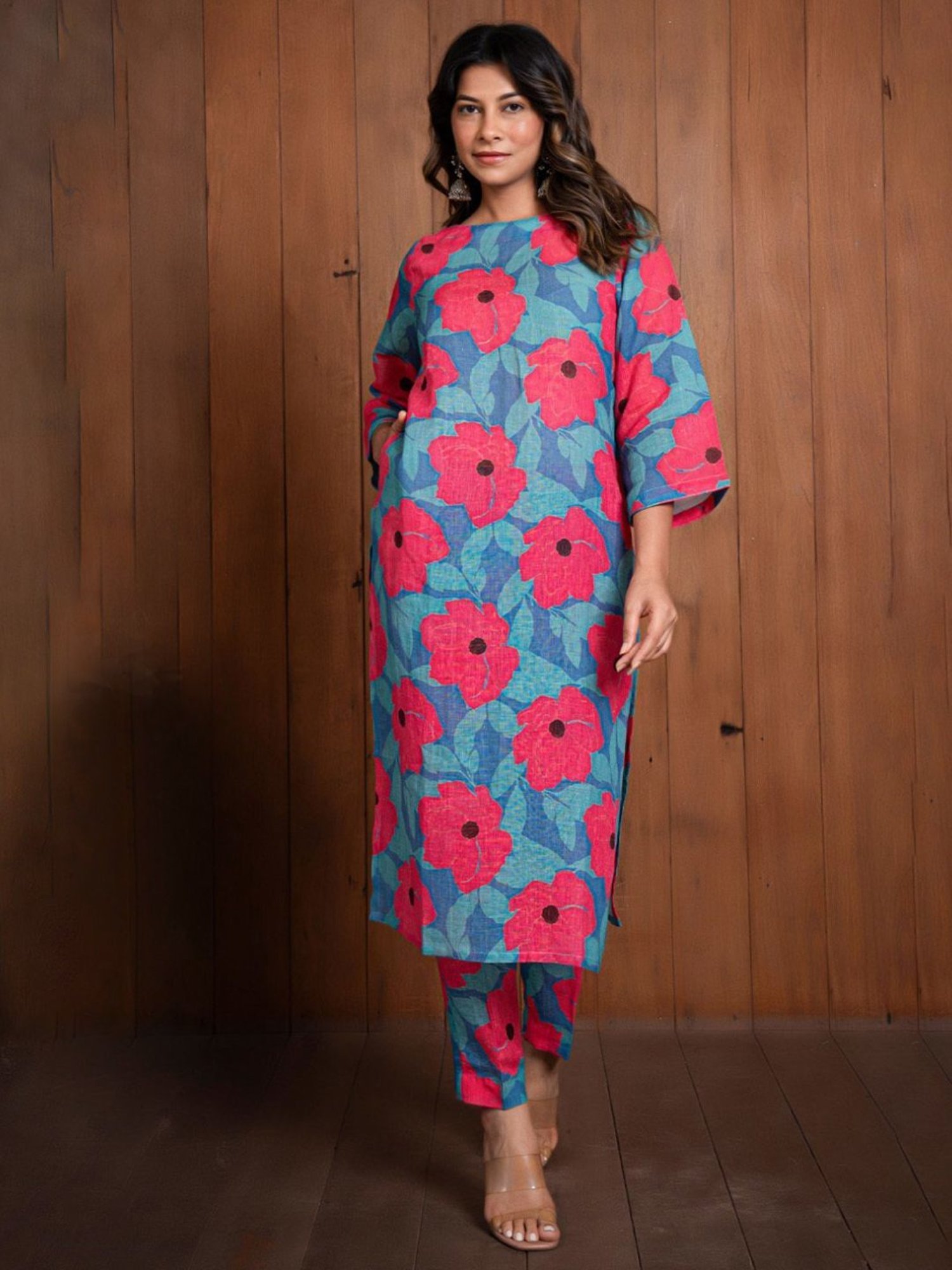 Eeshva India Blue Garden Of Dreams Pure Linen Kurta