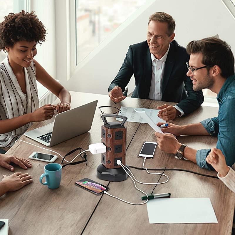 Power Strip Tower Surge Protector with 6.5ft Extension Cord 4 USB Ports and 10 AC Outlets Electric Charging Station for Home Office Dorm Desktop Computer Walnut and Black