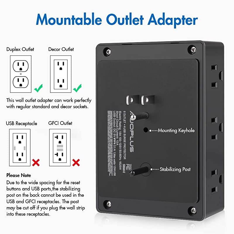 Multi Plug Wall Outlet Extender,  6 Outlet Power Strip Surge Protector with 4 USB Charger[5V/3.1A]-Grounded Electrical Plug Adapter Outlet Splitter for Home Office Bedroom Kitchen-1050J