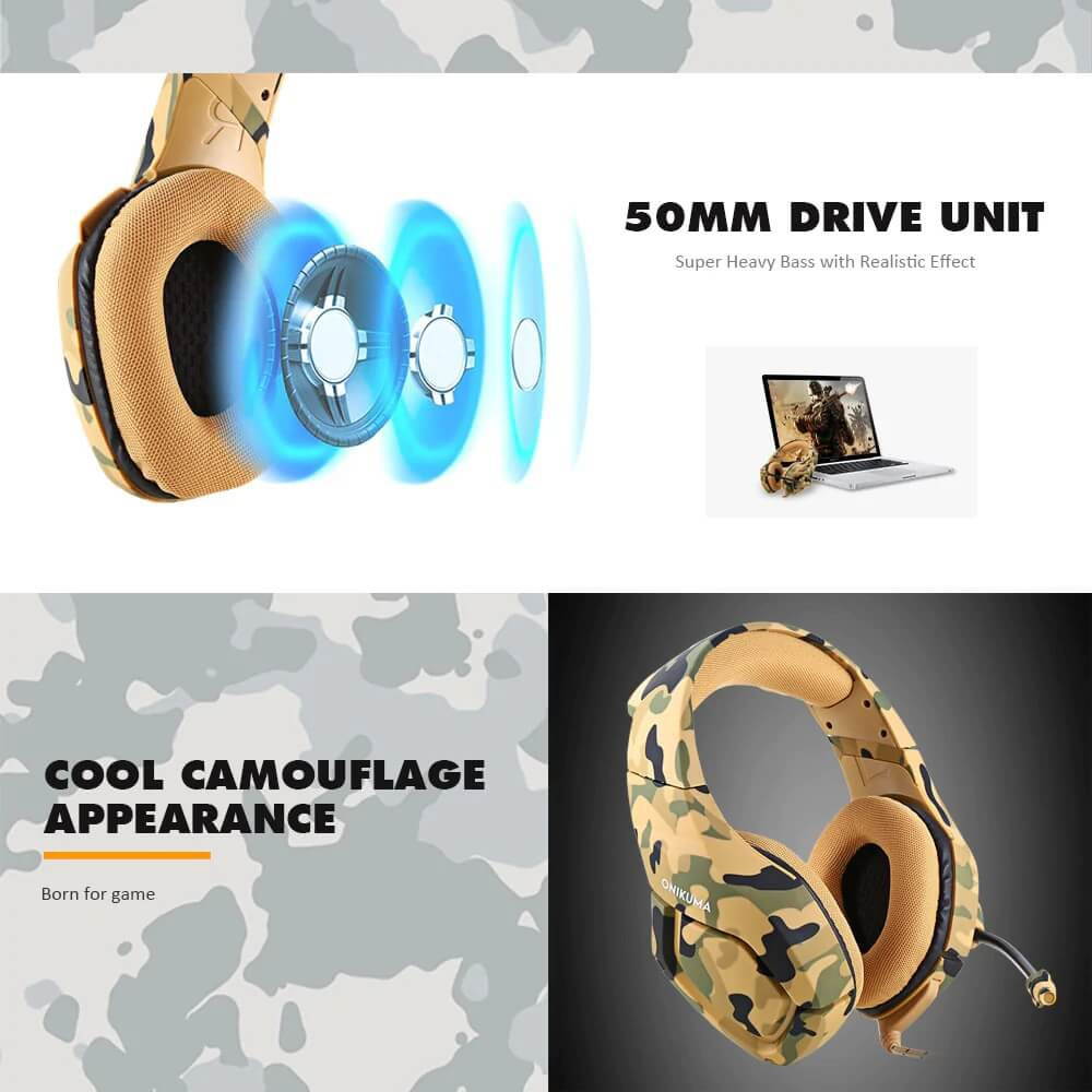 ONIKUMA K1B 3.5mm Head-mounted Headset Wired Gaming Headset with 50mm Driver Unit Noise Reduction Microphone Camouflage Grey