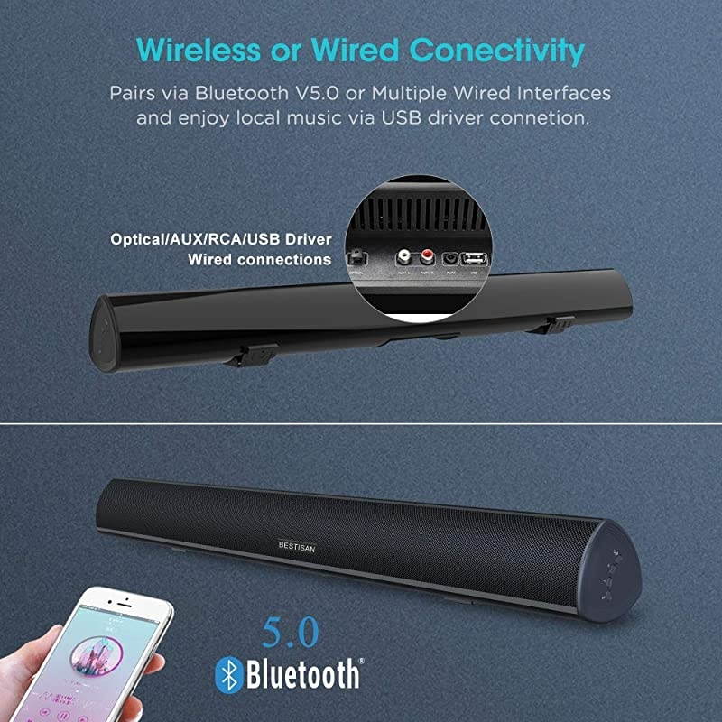Watt 40 Inch TV Sound Bar BESTISAN Home Theater System Wired and Wireless Soundbar SpeakerBluetooth 50 105dB Dsp Audio Bass Adjustable Wall Mountable