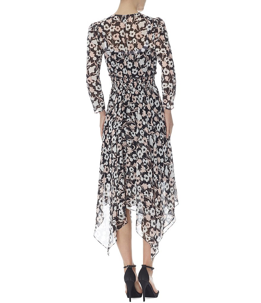 Anne Klein V-Neck 3/4 Sleeve Floral Handkerchief Hem Midi Dress