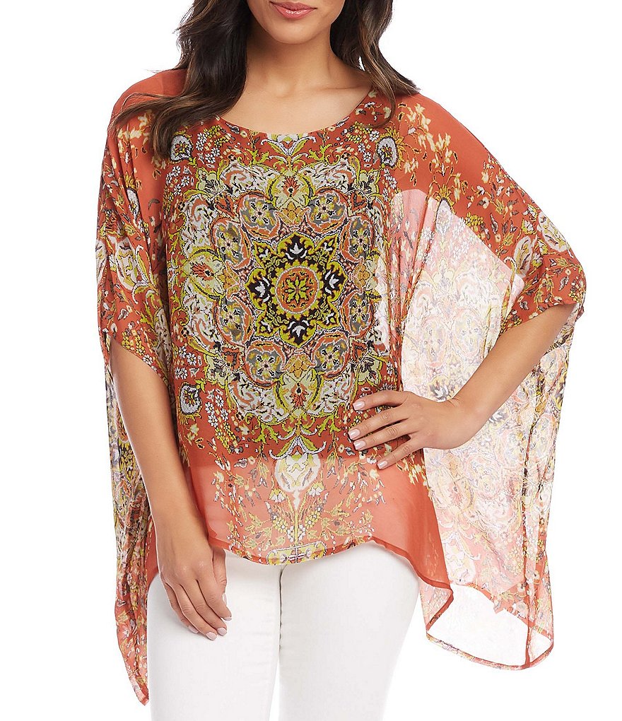 Karen Kane Paisley Print Jewel Neck 3/4 Sleeve Layered Scarf Top