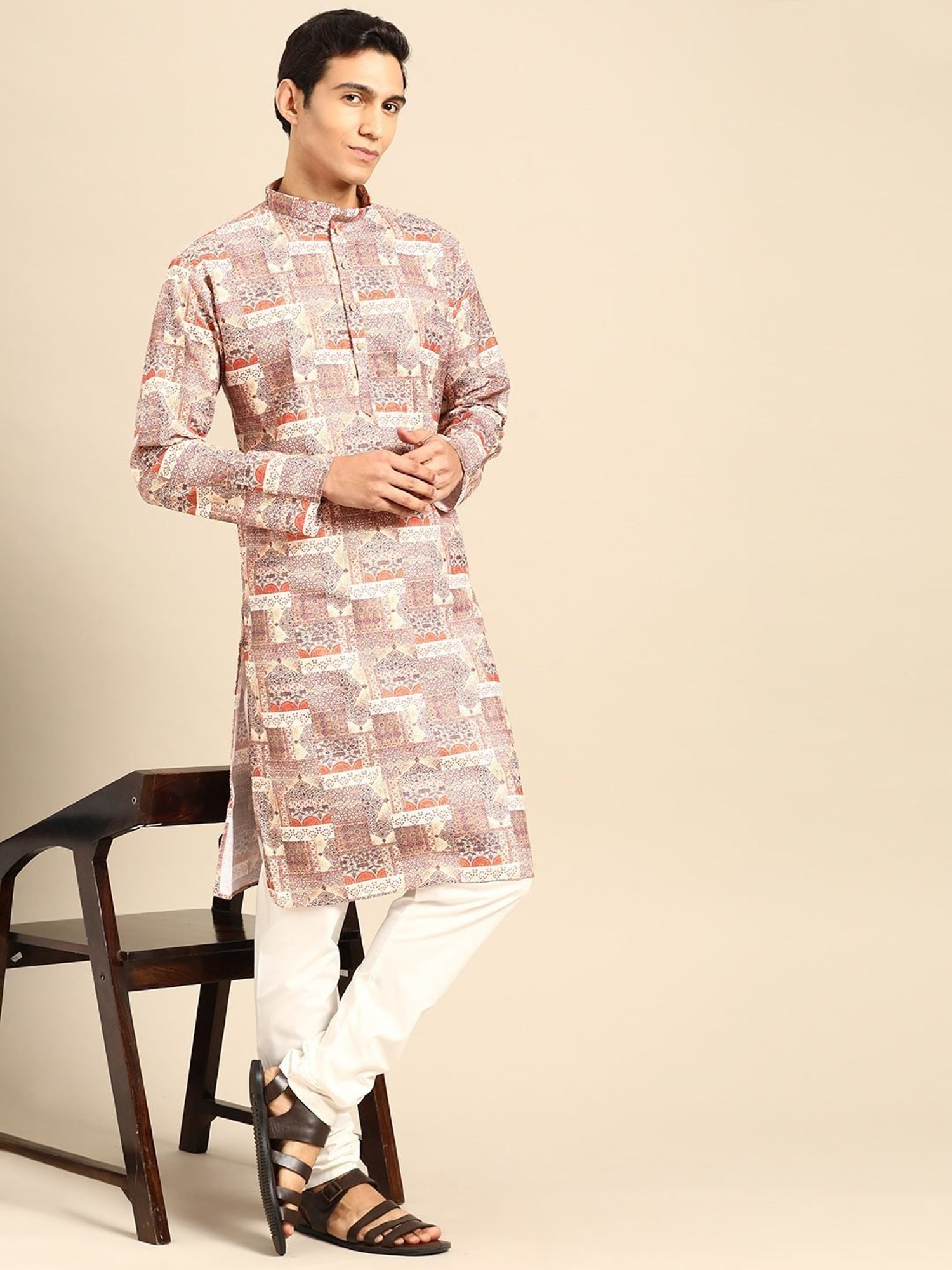 ManQ Multicolored Regular Fit Printed Kurta Bottom Set