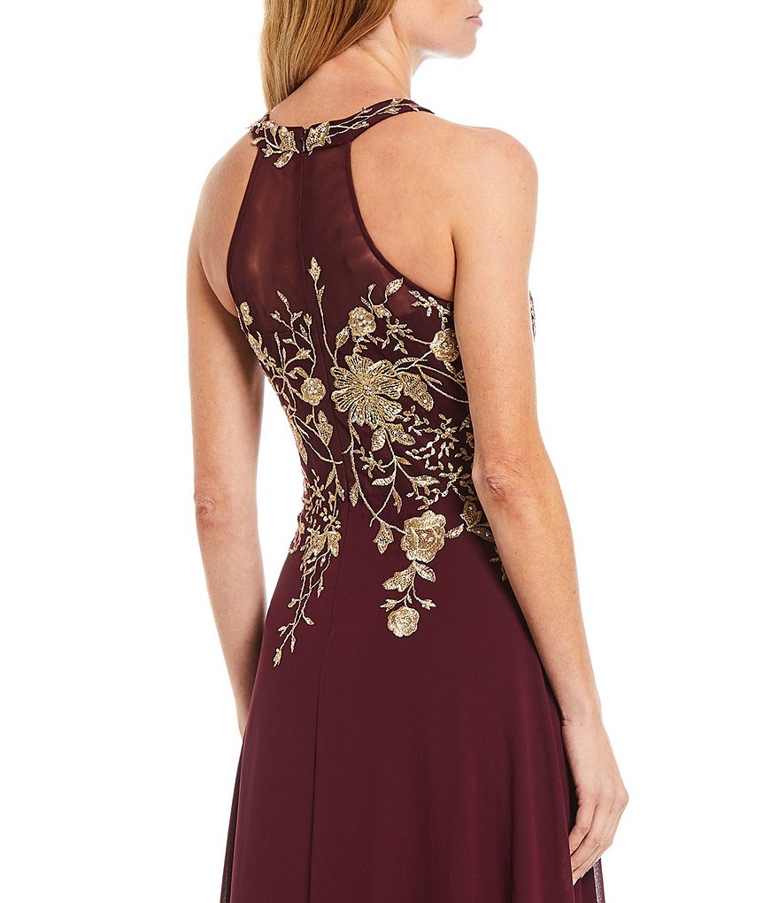 Betsy & Adam Halter Floral Embroidered Sleeveless Chiffon Gown