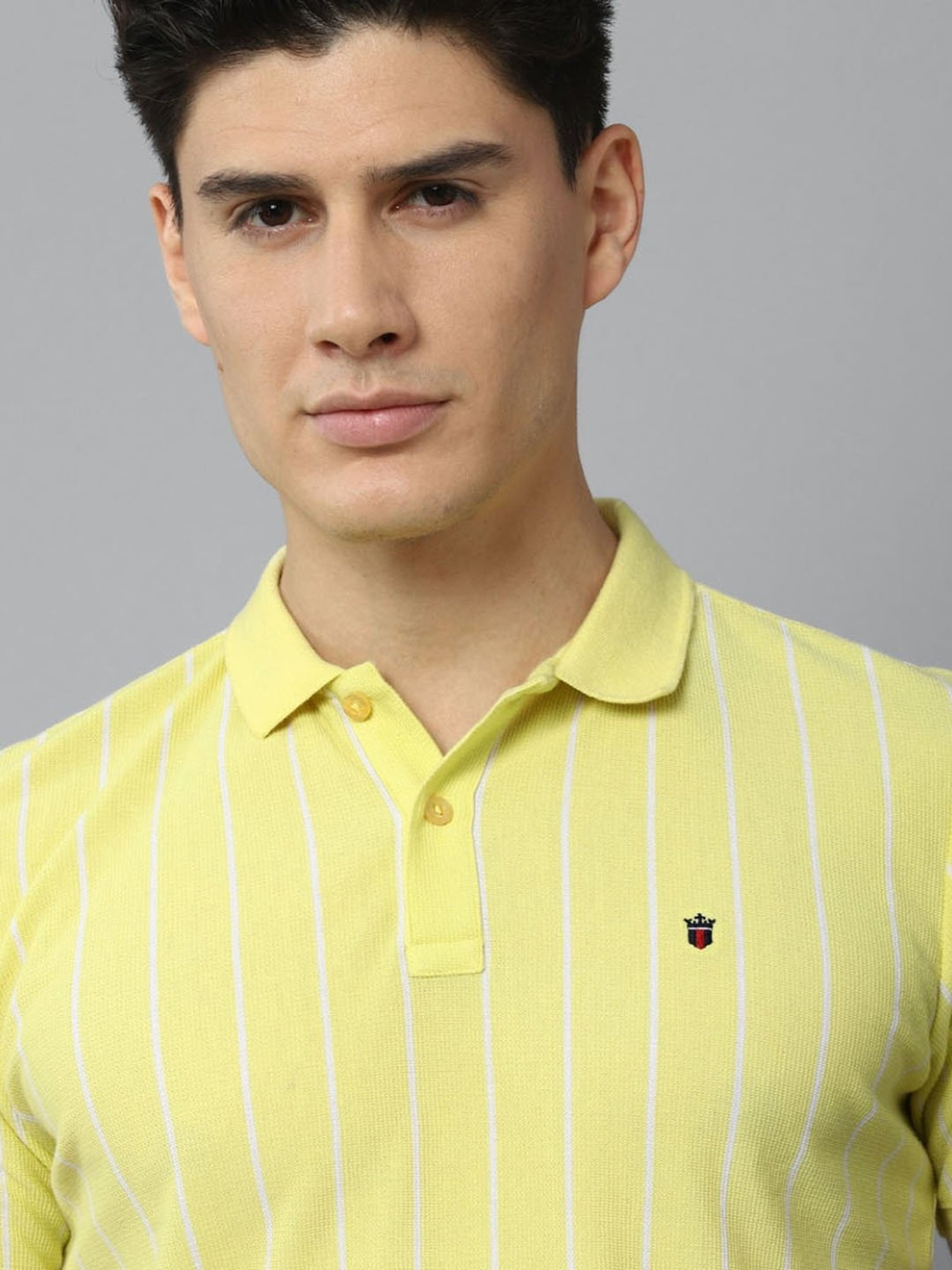 Louis Philippe Sport Yellow Cotton Slim Fit Striped Polo T-Shirt