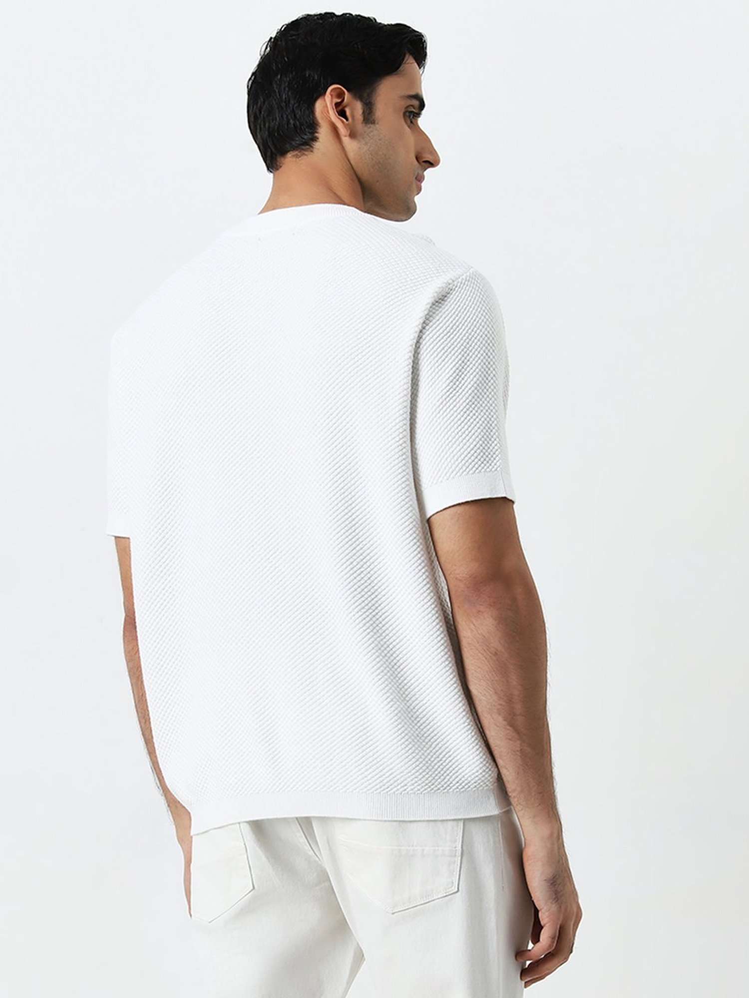 Ascot by Westside White Self-Textured Relaxed-Fit Cotton T-Shirt