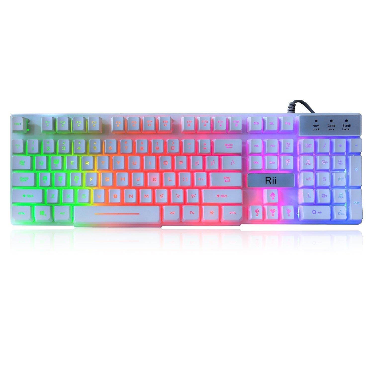 Rii RK100+ Multiple Colors Rainbow LED Backlit Large Size Mechanical Feeling USB Wired Multimedia Keyboard,White