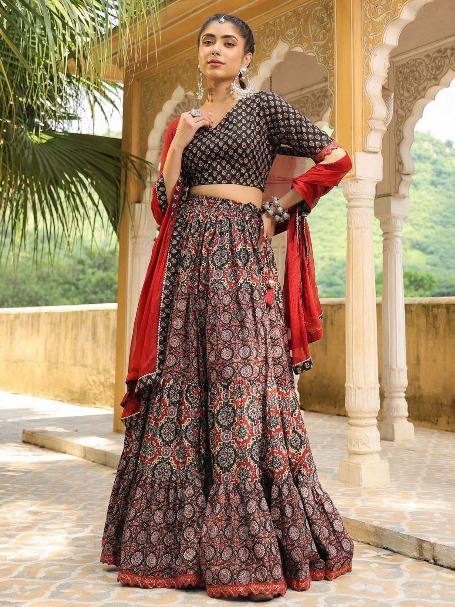 Janasya Black Cotton Printed Lehenga Choli Set With Dupatta