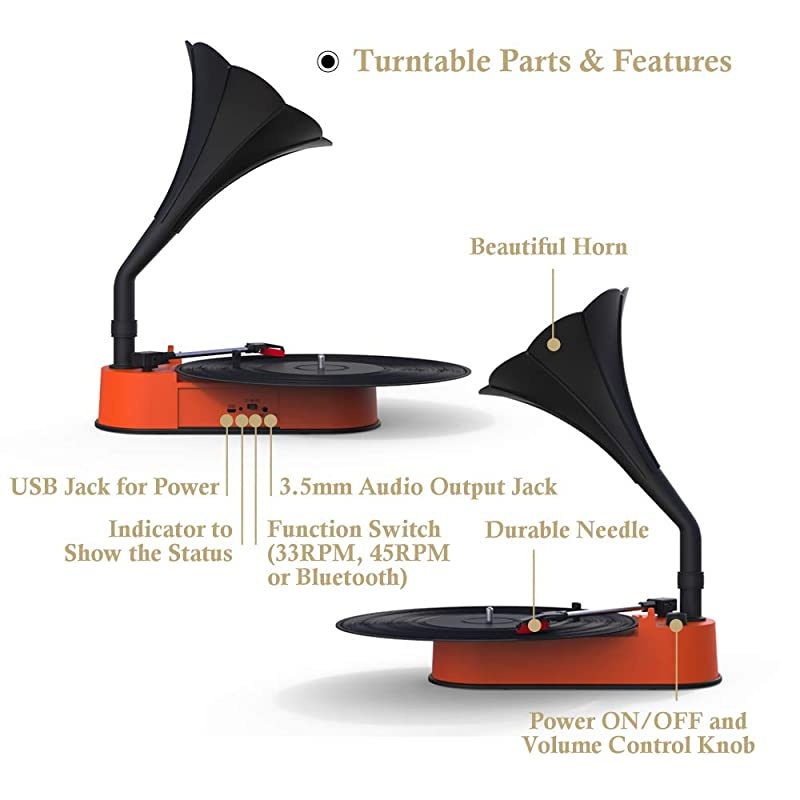 Record Player with Horn Speaker for 3345 RPM RecordsMini Gramophone Supporting Bluetooth Playback Orange