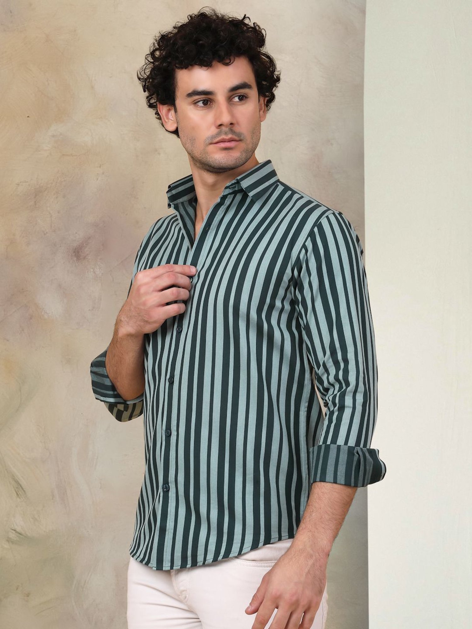 Indian Needle Green Ragular Fit Striped Shirt