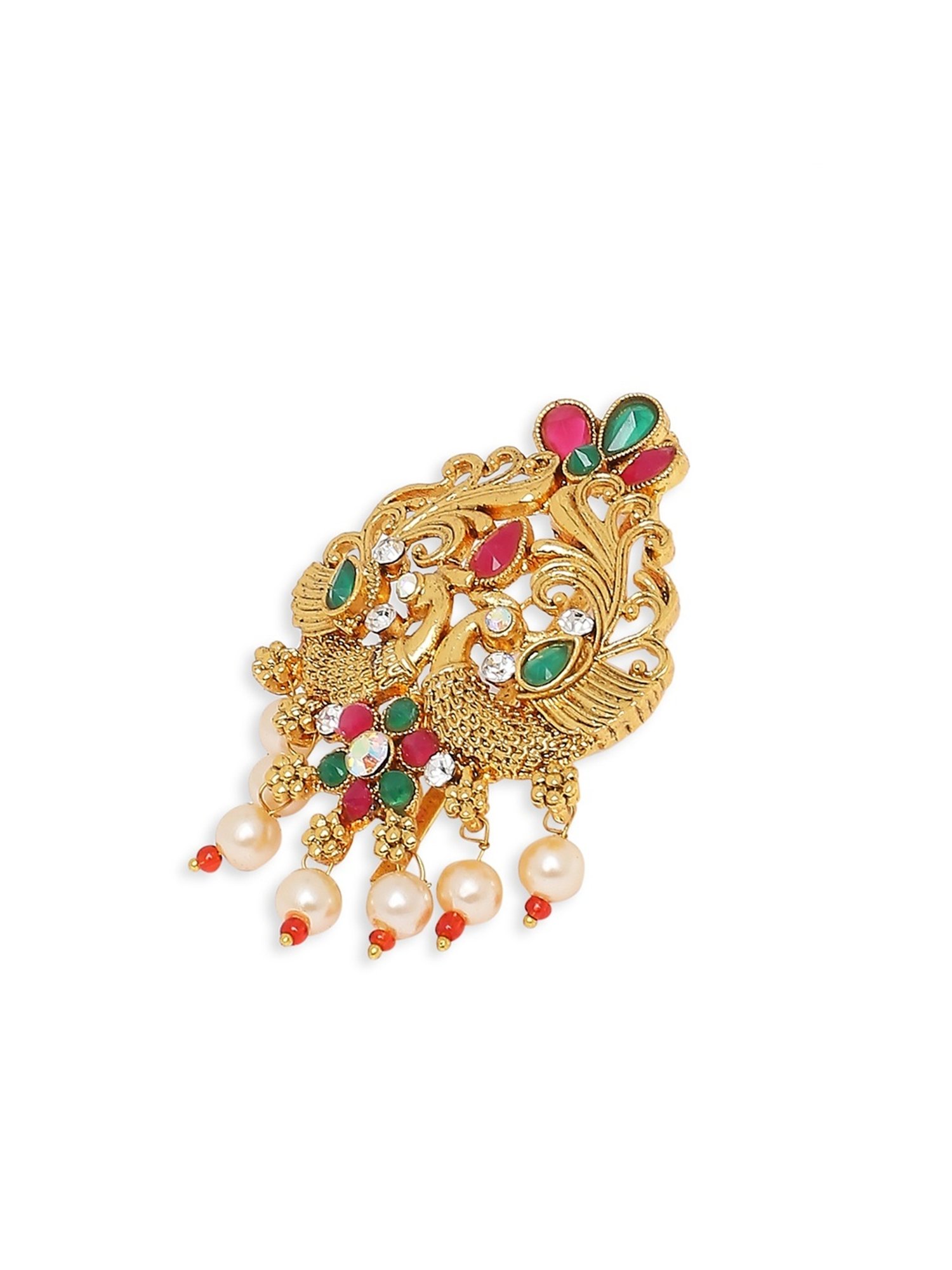 OOMPH Red Maroon & Green Stones Ethnic Peacock Design Hair Bun Pin Juda Pin