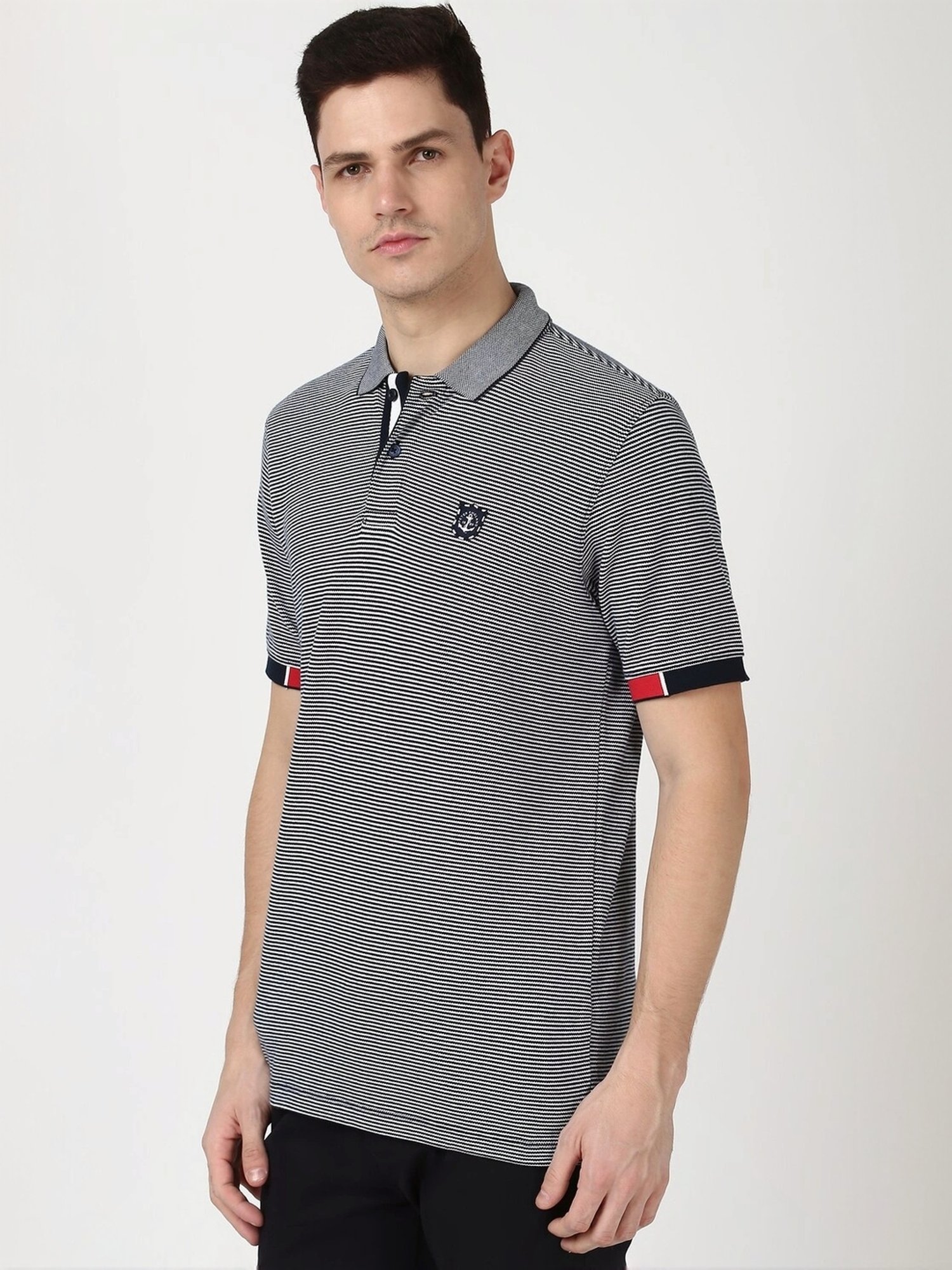 Peter England White Cotton Regular Fit Striped T-Shirt