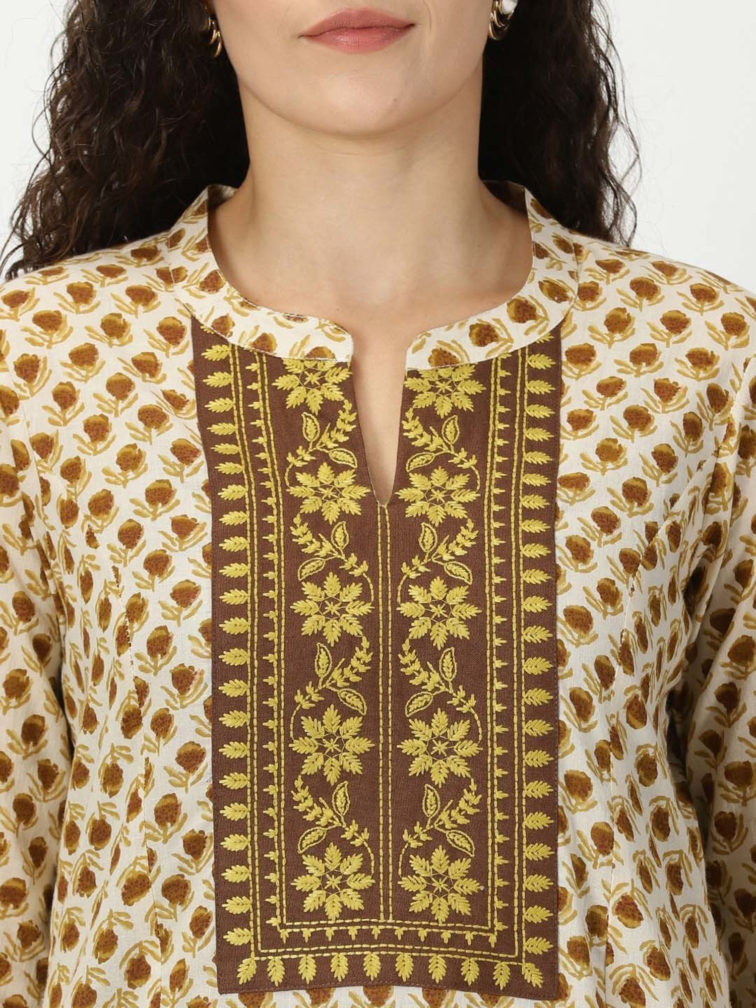 Saffron Threads Beige Floral Print A Line Kurta