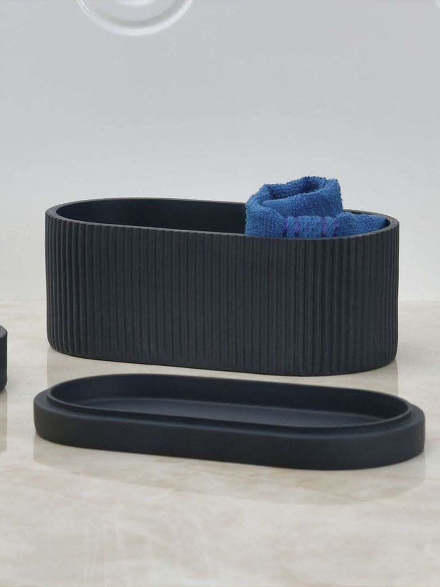 @home Grey Resin Fluted Design Oval Storage Box Organiser