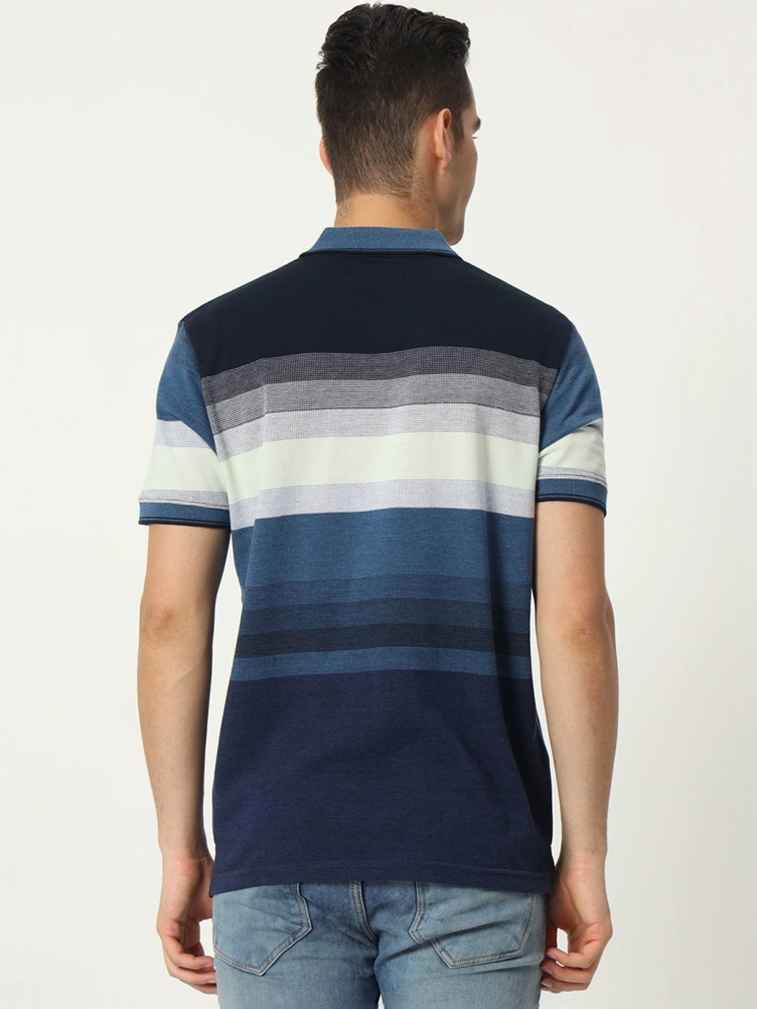 Tab91 Blue Regular Fit Striped Polo T-Shirts