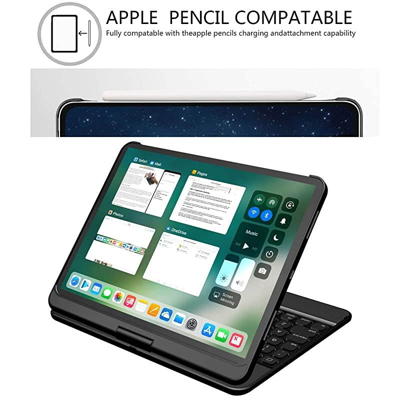 iPad pro 129 case with Keyboard 2018 3rd Gen Backlit7 Color Backlight 360 Rotatable Wireless Smart Folio 180 flip Swivel Stand Hard Shell Cover Auto SleepWake Black