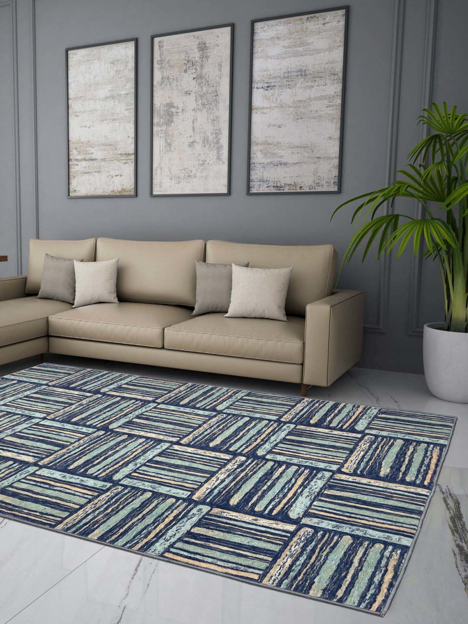 Welspun Blissful Blue Polyester 400 GSM Anti Skid Carpet