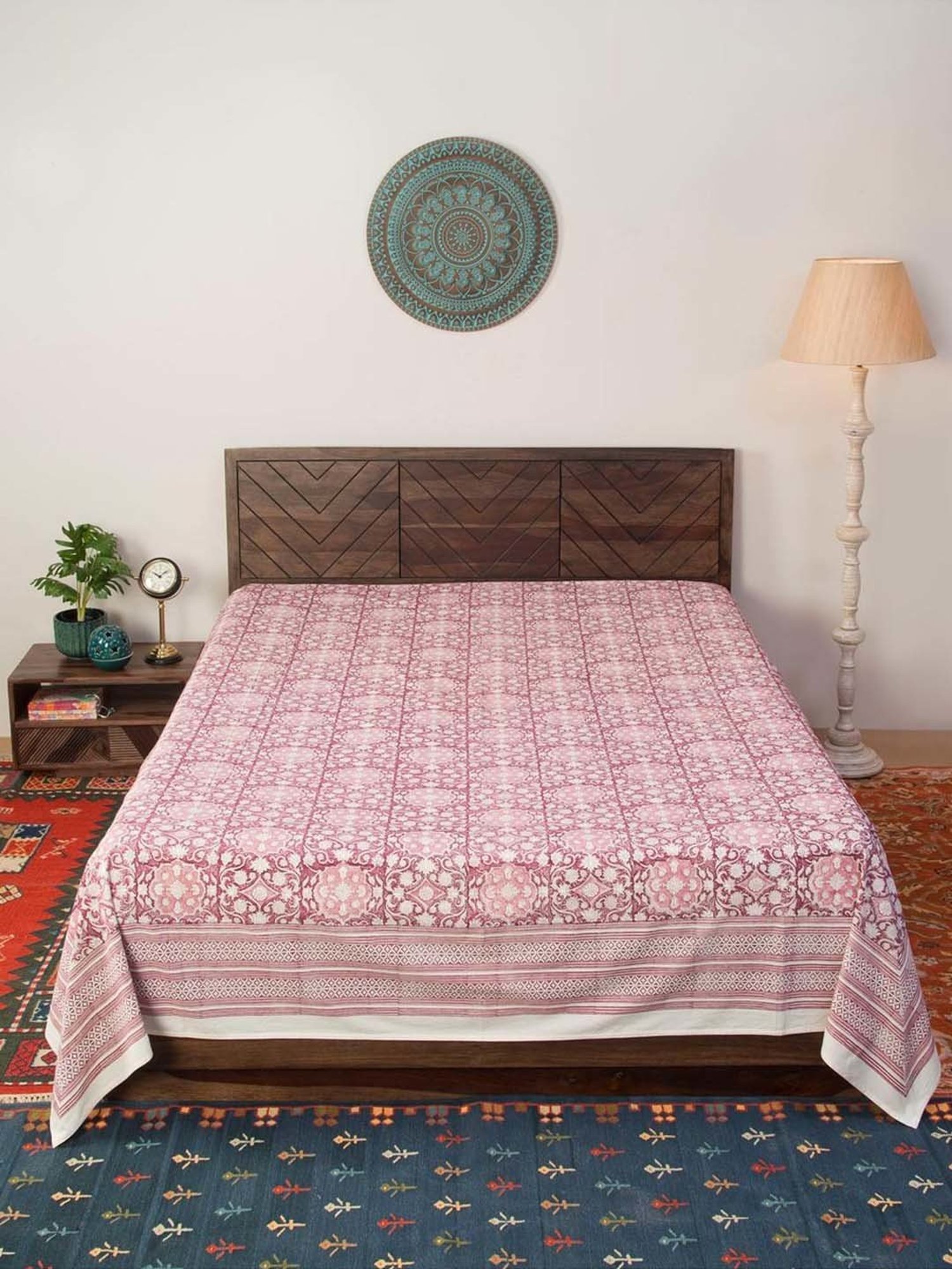 Fabindia Home Standalone Wine Cotton 118 TC 163 GSM Hand Block Printed Double Bed Cover
