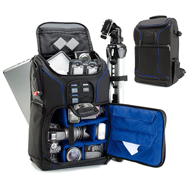 DSLR Camera Backpack Case (Blue) - 15.6 inch Laptop Compartment, Padded Custom Dividers, Tripod Holder, Rain Cover, Long-Lasting Durability and Storage Pockets - Compatible with Many DSLRs