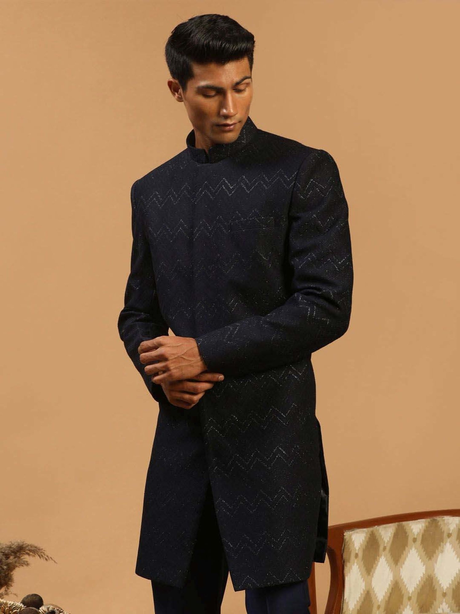 Vastramay Navy Regular Fit Embellished Sherwani Jacket