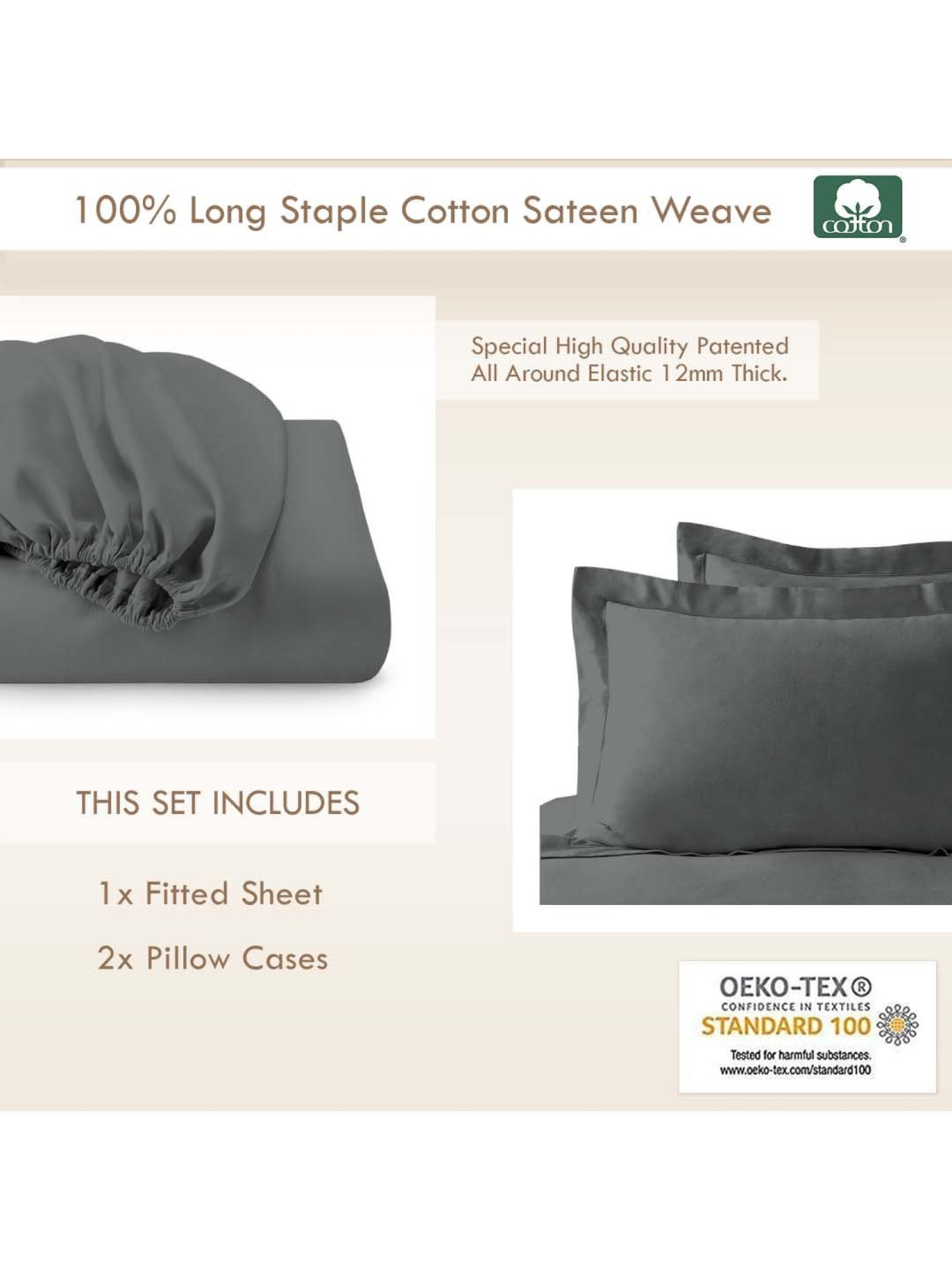 Pizuna 400TC 100% Cotton Dark Grey Fitted Bed Sheet Queen Size With 2 Pillow Cover