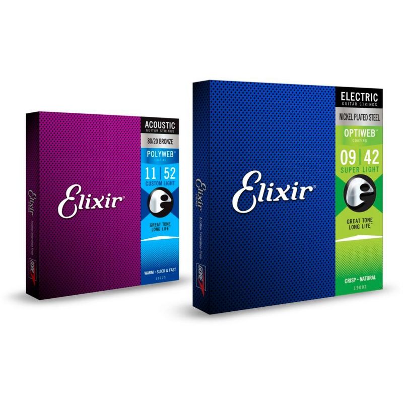 Elixir 2-Pack Light OPTIWEB Electric Guitar Strings and Light 80/20 Bronze POLYWEB Acoustic Guitar Strings Bundle