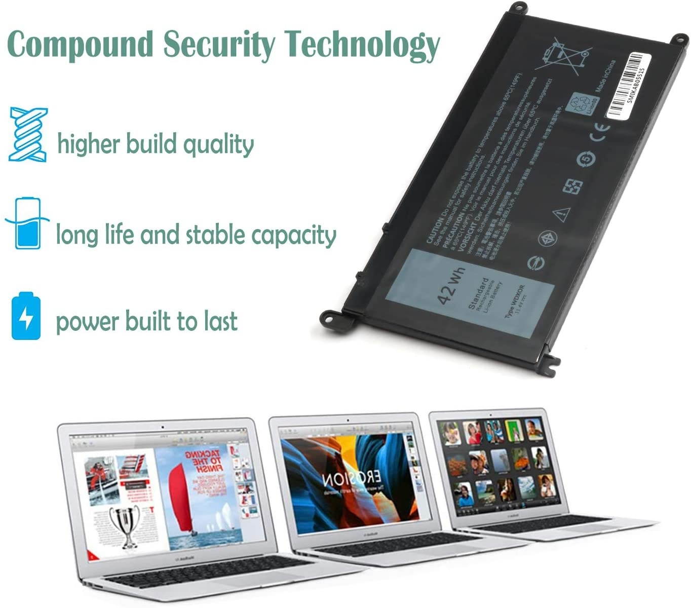 WDX0R Laptop Battery for Dell Inspiron 13 5368 5378 5379 7368 7378 Inspiron 14-7460 15 5565 5567 5568 5578 7560 7570 7579 7569 P58F 17 5765 5767 C92N 3CRH3 T2JX4 CYMGM WDXOR Notebook Battery 11.4V 42W
