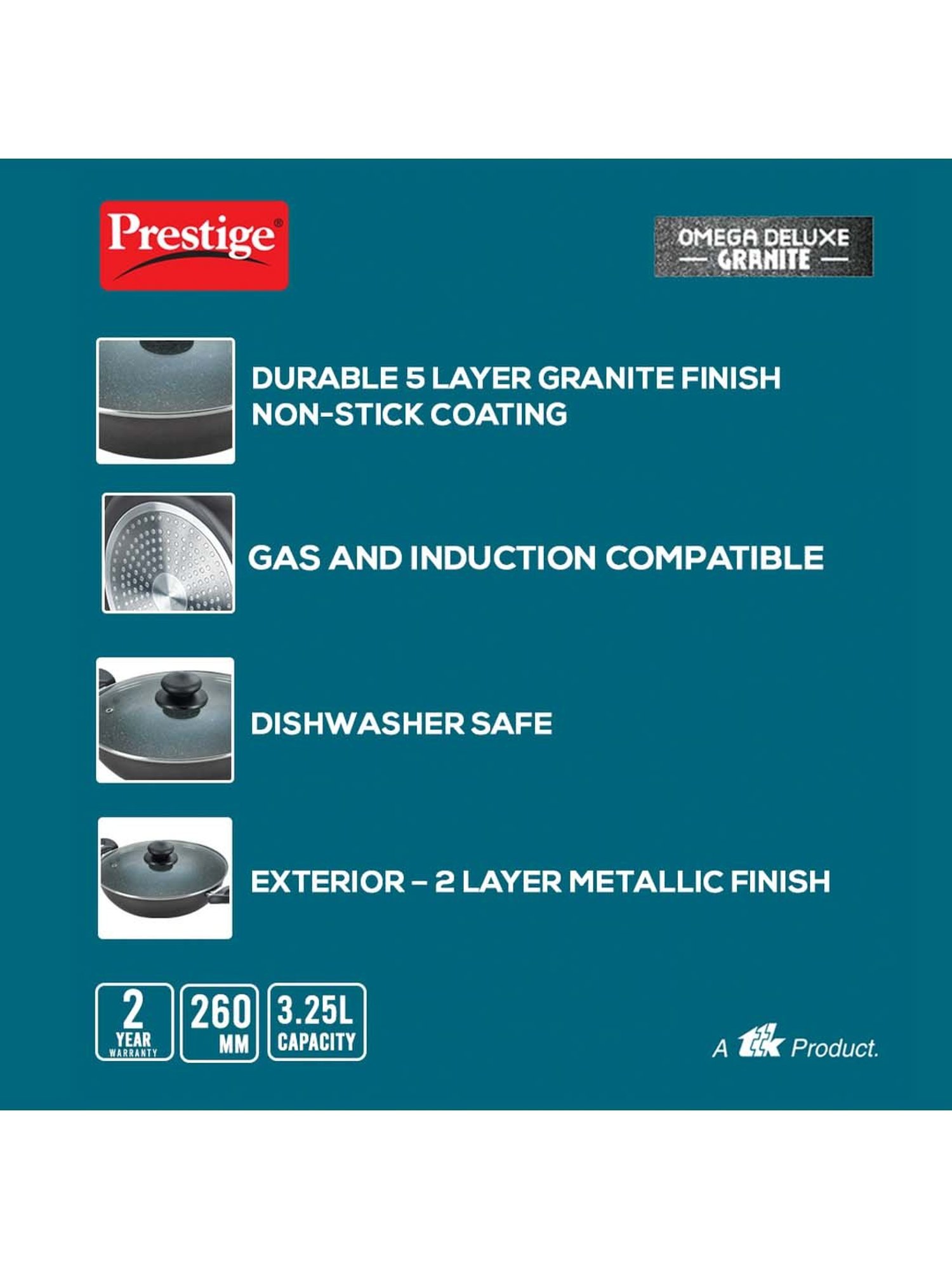 Prestige Omega Black Deluxe Granite 260 mm Kadai with Lid - Set of 1