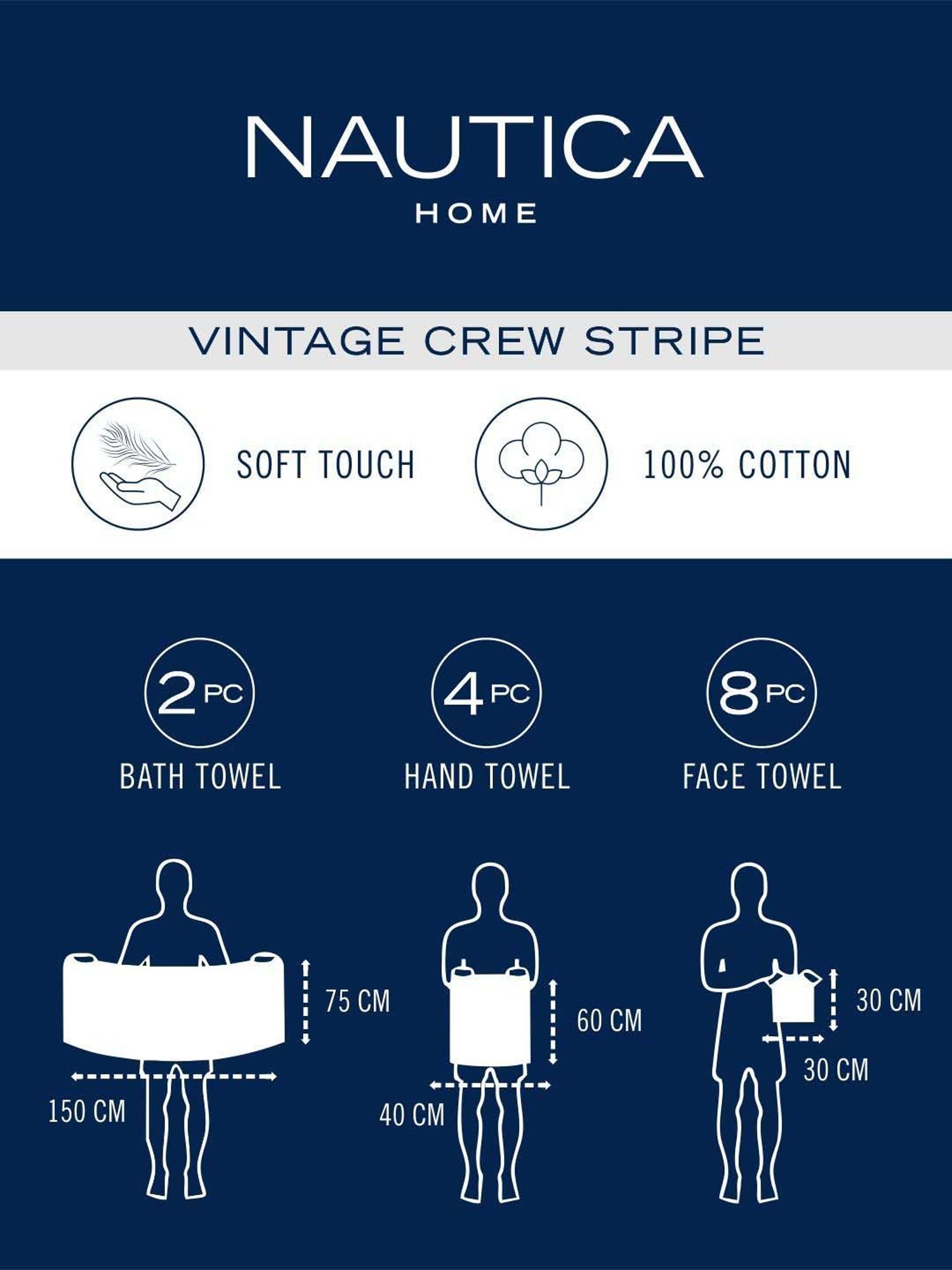 Nautica Vintage Crew Stripe Beige Cotton 500 GSM Super Soft Zero Twist Towel Set - 14 Pcs