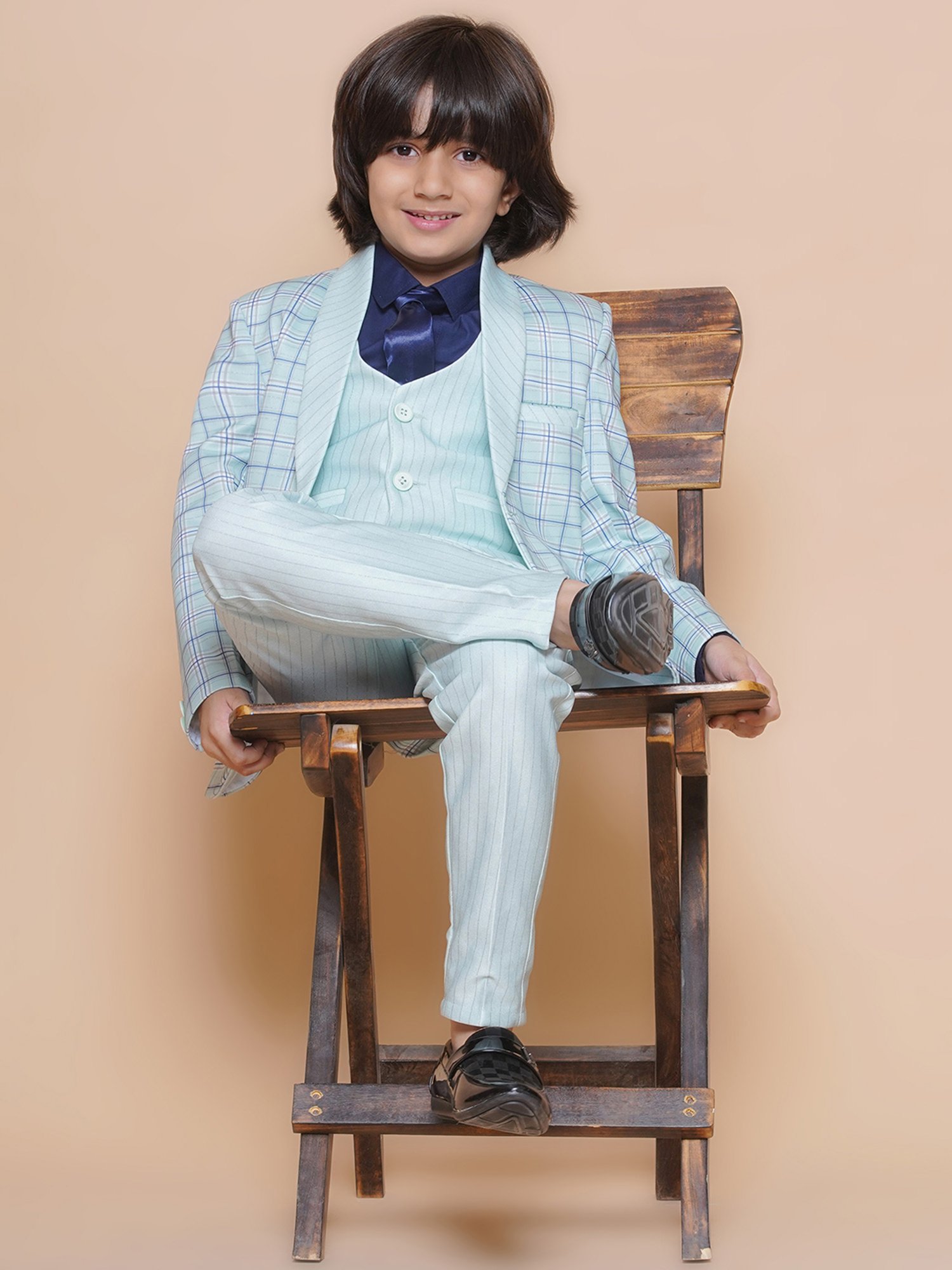 AJ Dezines Kids Sky Blue Checks Full Sleeves Shirt, Pants, Coat, Waistcoat with Tie