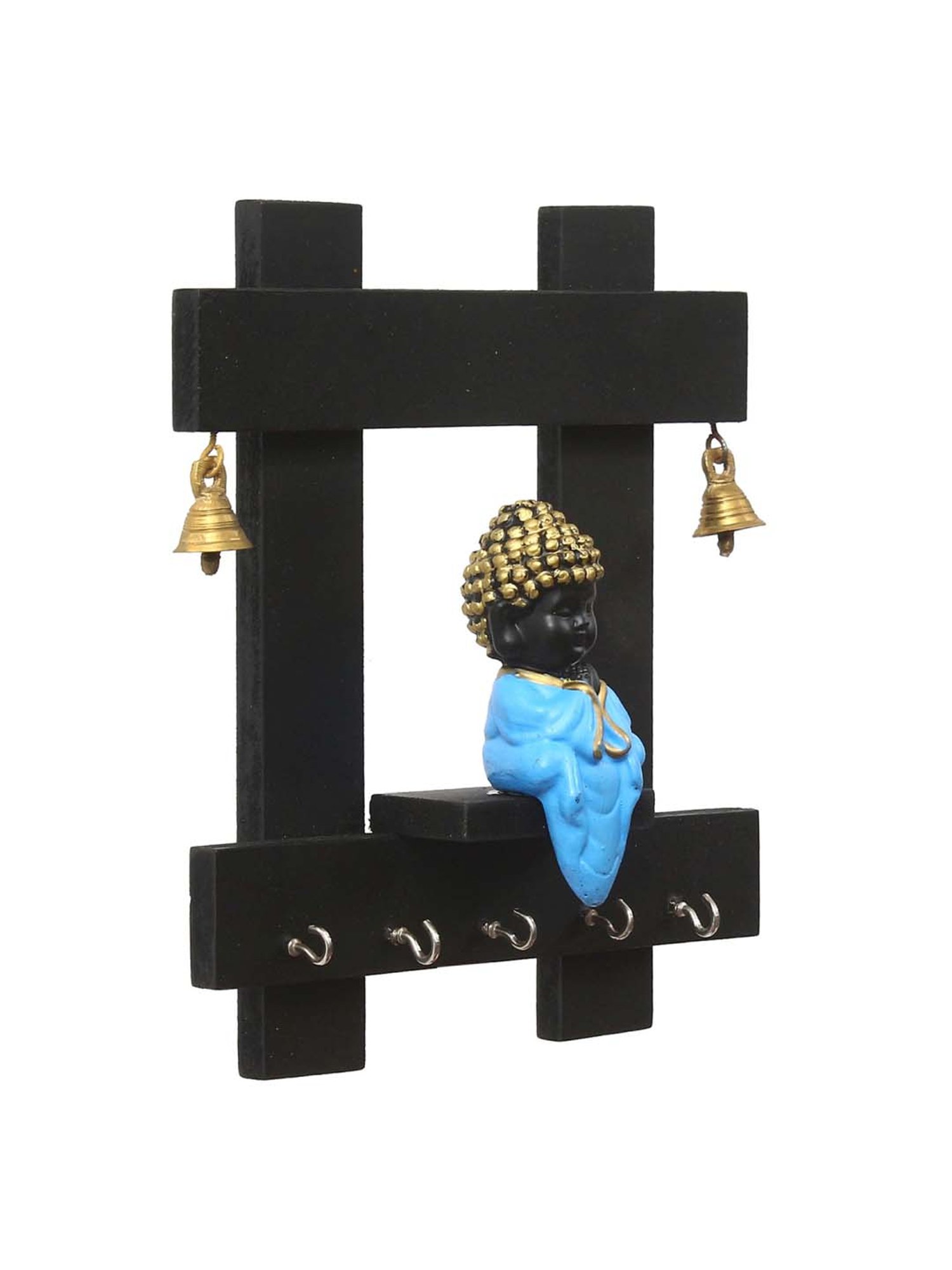 eCraftIndia Peaceful Buddha Sitting Wooden Keyholder with 5 Key Knobs