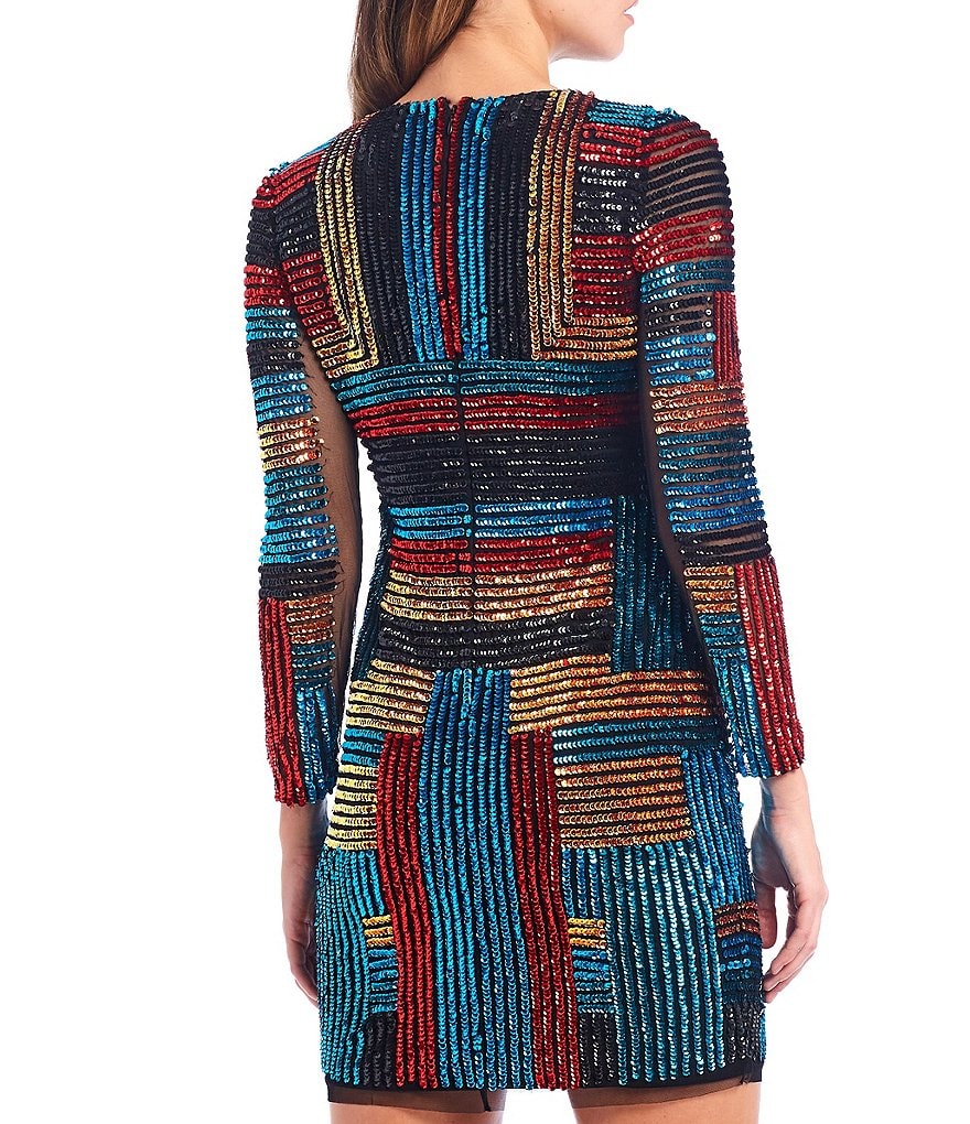 Aidan Aidan Mattox Long Sleeve Beaded Striped Mesh Mini Sheath Dress