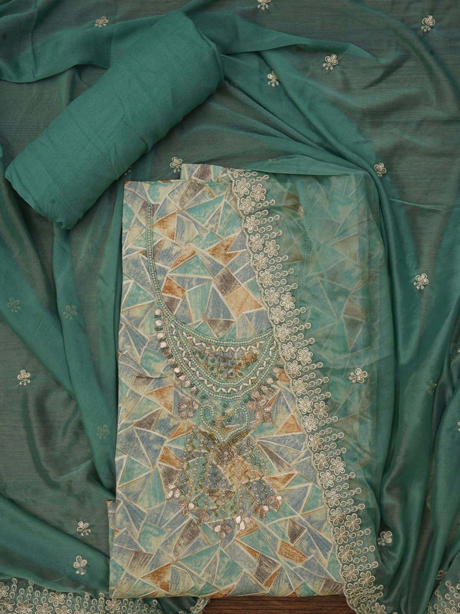 Jaipur Kurti Green Embellished Unstitched Dress Material