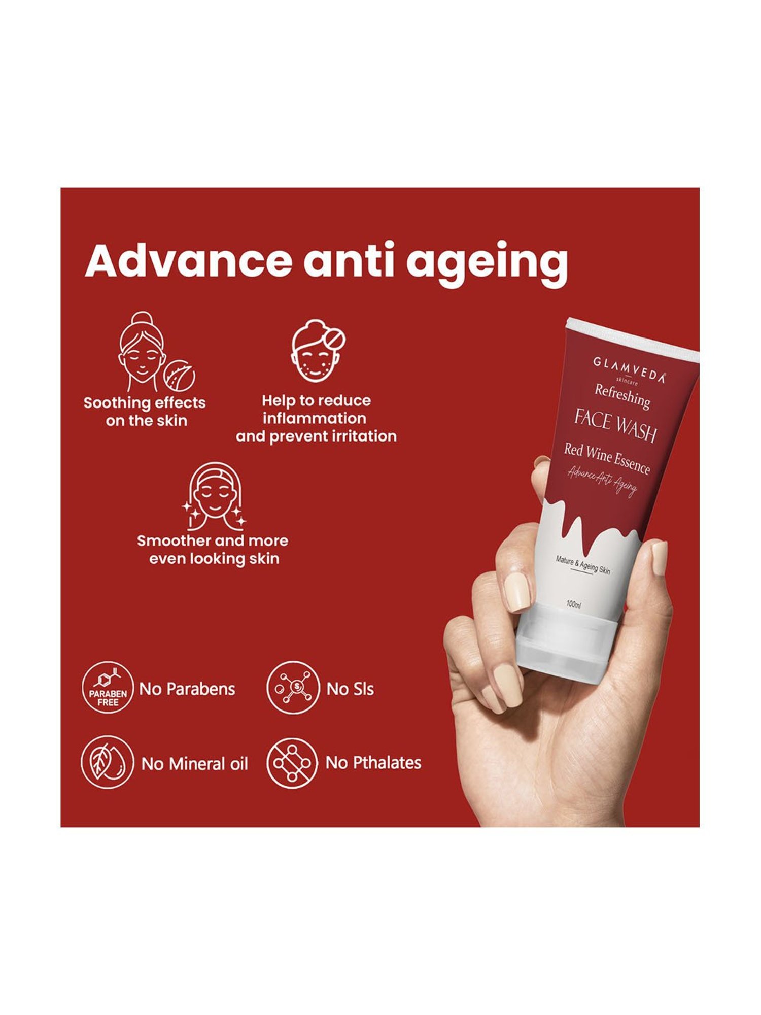 Glamveda Refreshing Red Wine Essence Advanced Anti Ageing Face Wash - 100 ml