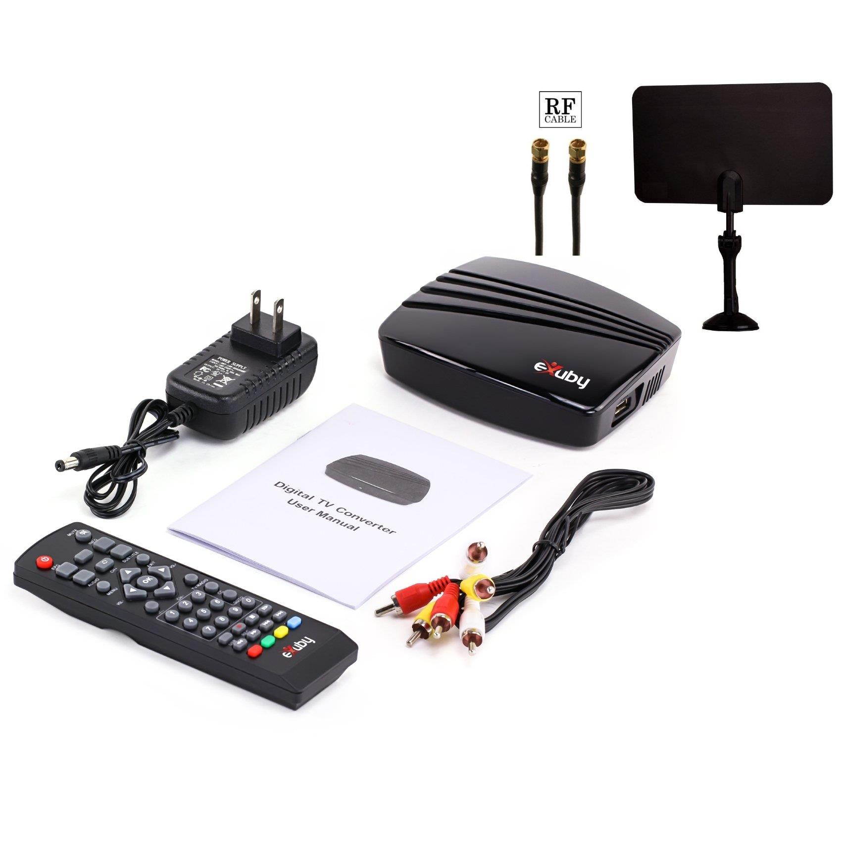 eXuby Digital Converter Box for TV - Digital Antenna - RF & RCA Cable - Complete Bundle to View and Record HD Channels (Instant or Scheduled Recording, 1080P HDTV, HDMI Output & 7 Day Program Guide)