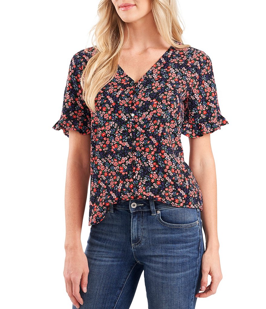 CeCe Short Sleeve Marabella Ditsy Floral Ruffle V-Neck Blouse
