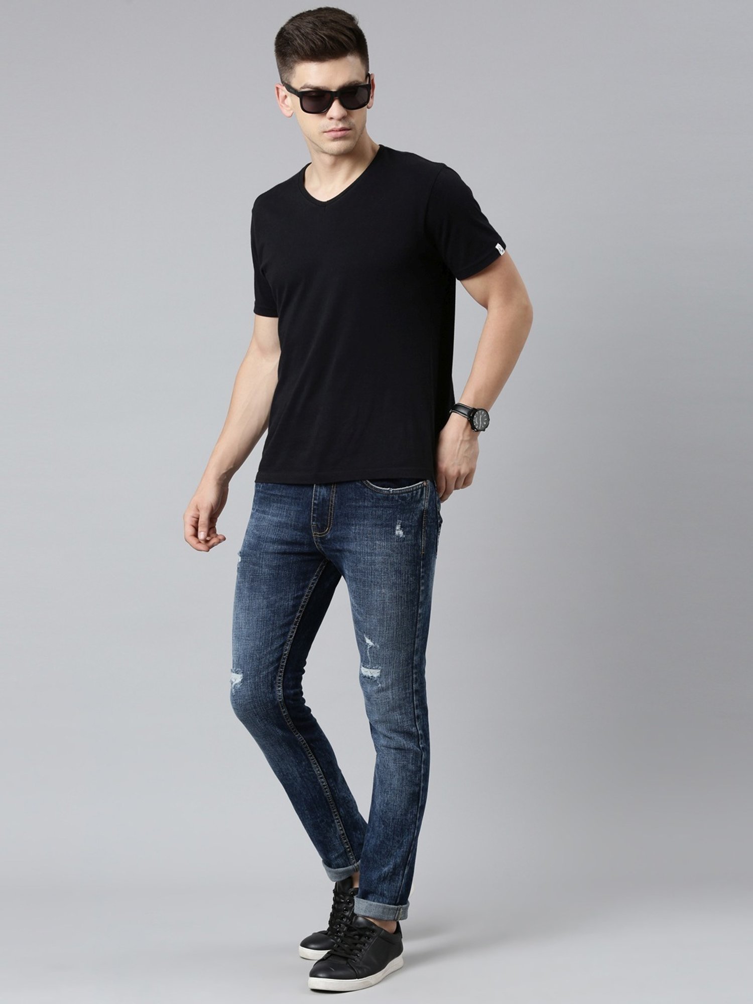CINOCCI Blue Cotton Slim Fit Distressed Jeans