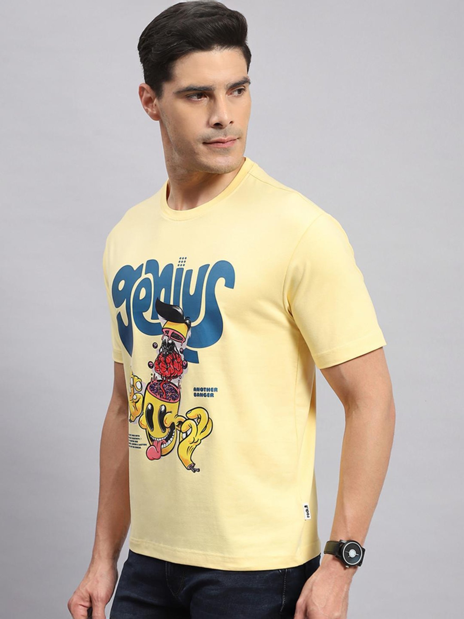 Rock.it Yellow Cotton Regular Fit Printed T-Shirt