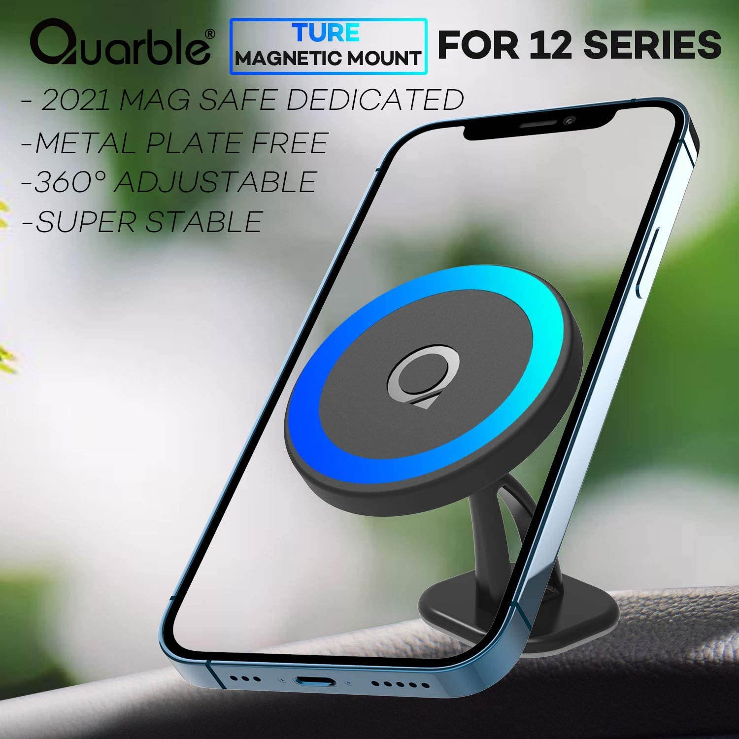 Quarble Magnetic Dashboard Car Mount Compatible with MagSafe Case and iPhone 12 Pro Max Mini, 360&deg; Adjustable Phone Holder No Metal Plate Needed 2021 All New