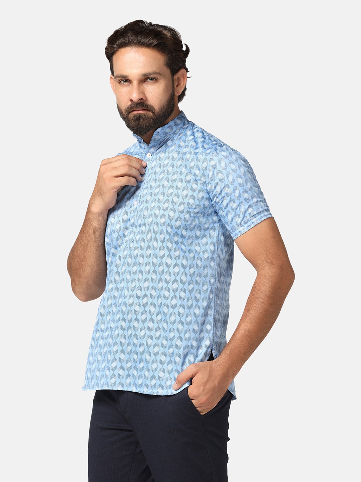 TAHVO Light Blue Slim Fit Printed Shirt