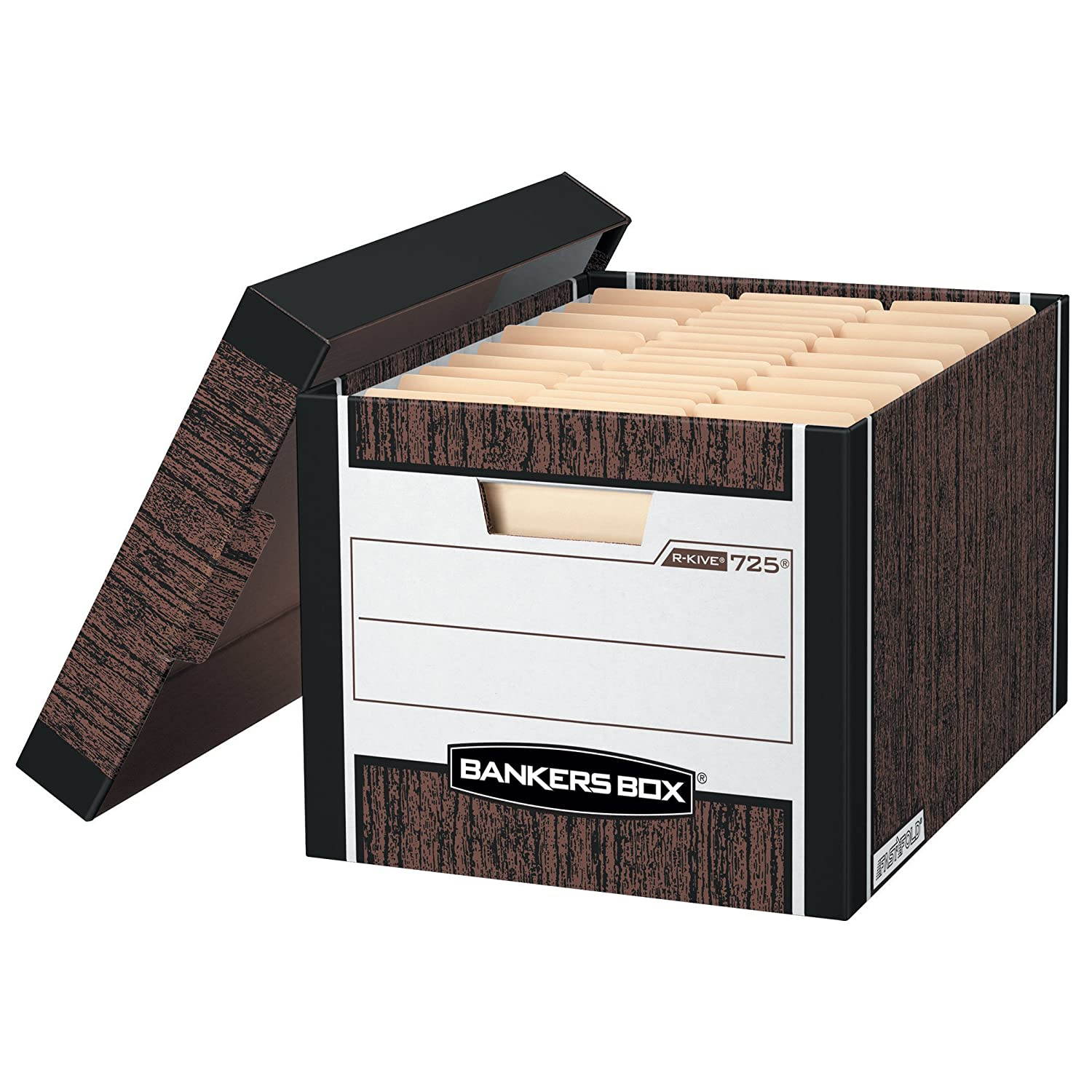 Bankers Box R-KIVE Heavy-Duty Storage Boxes, FastFold, Lift-Off Lid, Letter/Legal, 4 Pack (0072506),Wood Grain