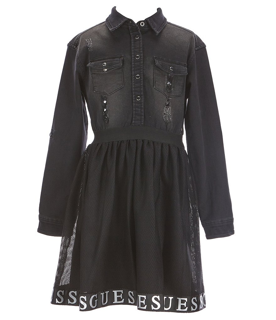 Guess Big Girls 7-16 Elbow-Sleeve Denim Bodice With Printed Mesh Logo Skirt Dress
